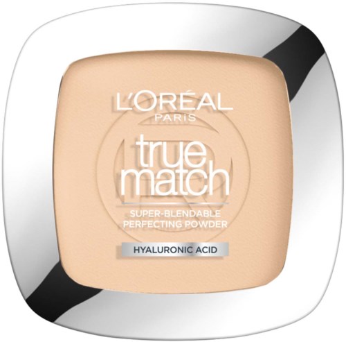 A compact powder container with the words 'L'Oreal Paris True Match' and 'Hyaluronic Acid' written on it.