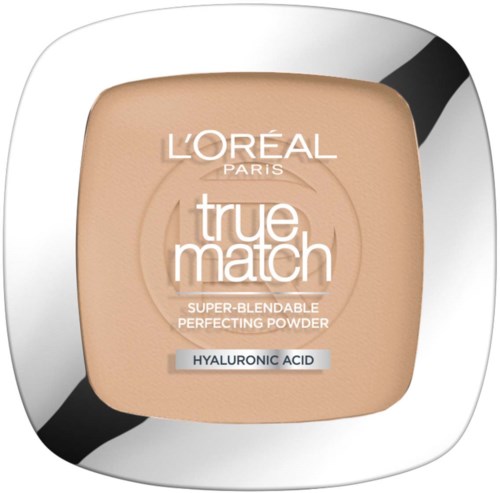 A compact powder container with beige powder, L'Oreal branding, and label mentioning hyaluronic acid.