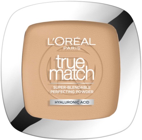 En kompakt beige puder i en rund behållare med etiketten L'Oréal True Match med hyaluronsyra.