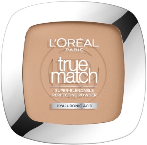 L'Oréal True Match powder with hyaluronic acid in a beige compact. The packaging is white with black accents.