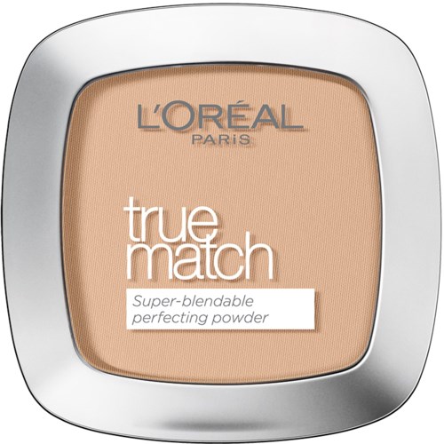 En liten behållare med beige puder och silverkant, märkt L'Oréal Paris True Match.