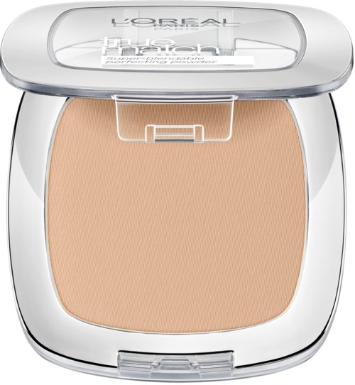 En kompakt med beige pulver med ett tydligt plastlock och silverram, märkt L'Oreal och True Match Super-Blendable.