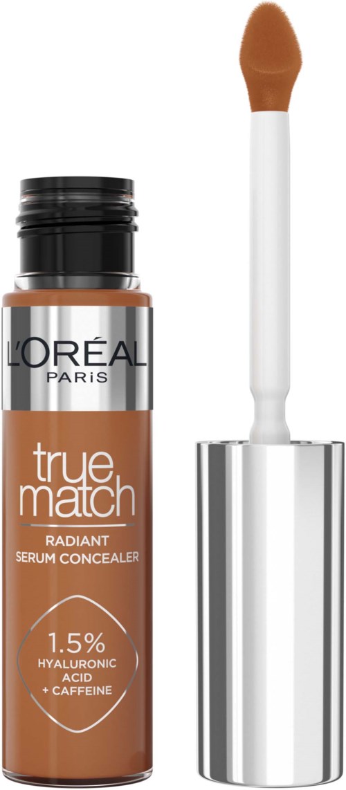 A bottle of L'Oréal True Match Radiant Serum Concealer with a white applicator stick.