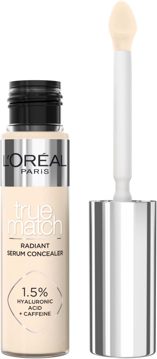 A beige bottle with a black cap and a white brush applicator, labeled L'Oréal True Match Radiant Serum Concealer.