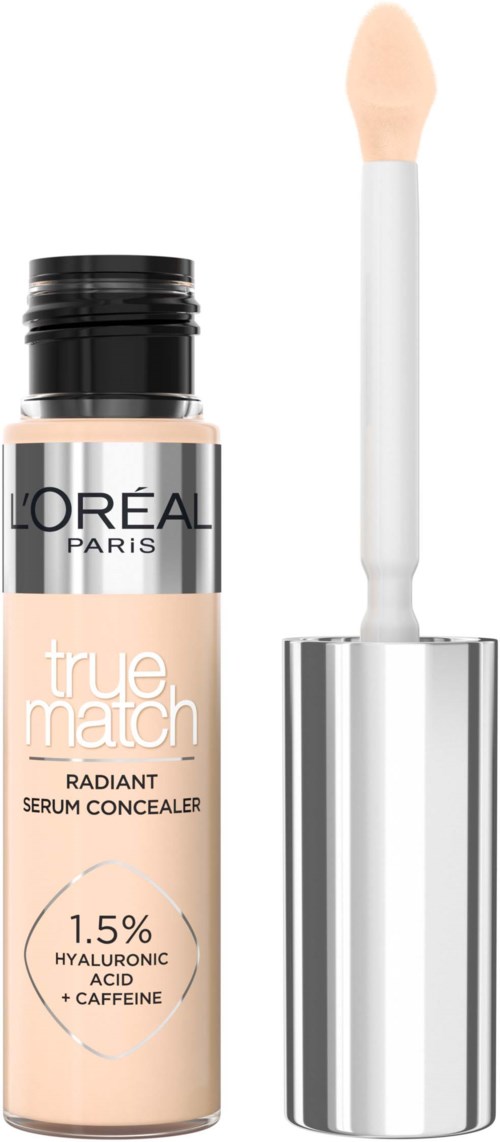 En makeupprodukt med en applikator, märkt L'Oréal True Match Radiant Serum Concealer, innehållande hyaluronsyra och koffein.