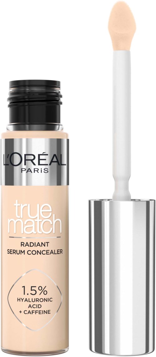 A tube of L'Oréal True Match Radiant Serum Concealer with a brush applicator and silver cap.