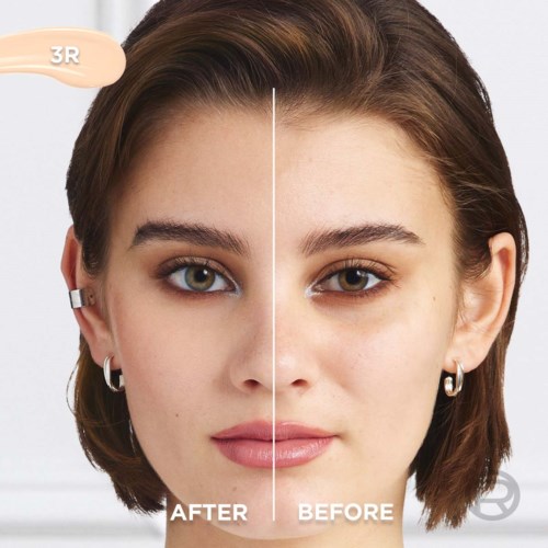 Side-by-side face showing makeup removal, clear and natural skin, with labels 'AFTER' and 'BEFORE'.
