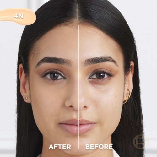 Split image showing a woman before and after skincare or makeup improvement. Clear skin on the left, more natural look on the right.
