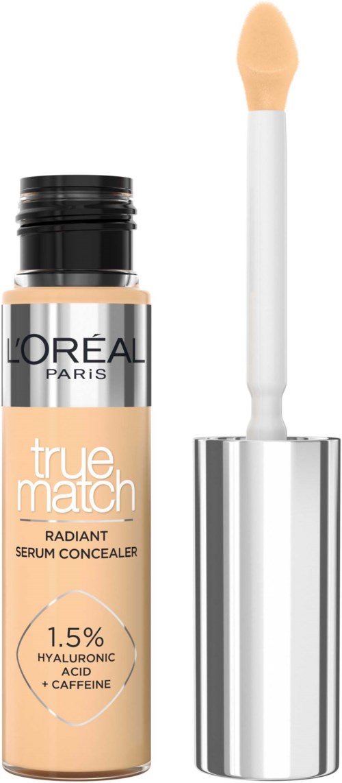 A beige liquid concealer with a black cap and a white applicator stick is shown.