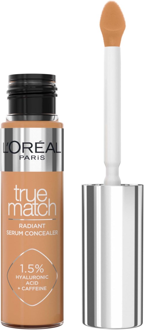 A beige liquid concealer in a tube with a black and silver cap, and a wand applicator.