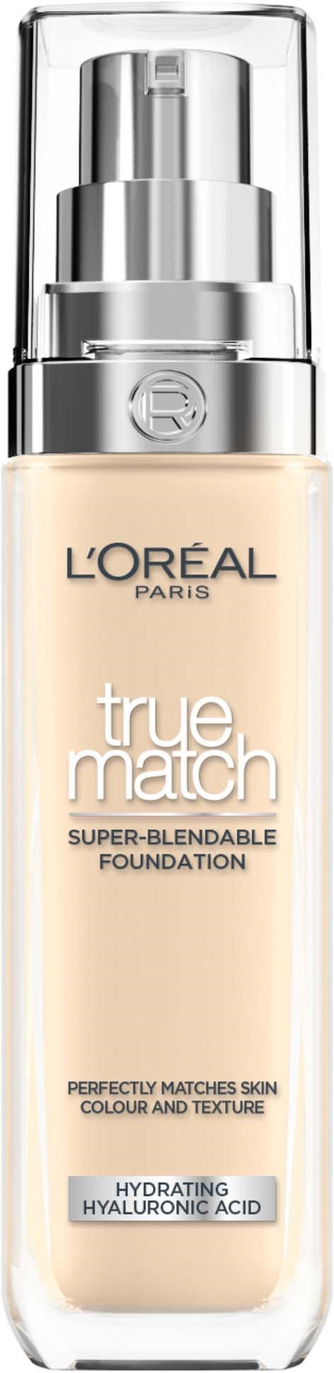 Eine Foundation-Flasche von L'Oréal Paris mit der Bezeichnung True Match, mit Pumpe und transparentem Deckel, zum Mischen des Hauttons.