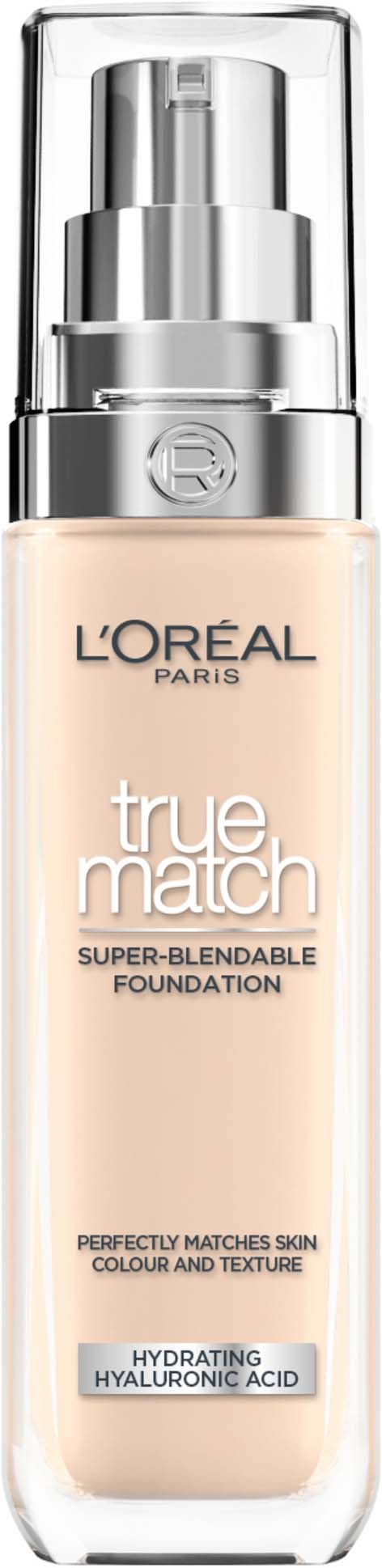 Eine Flasche L'Oréal True Match Foundation mit Pumpe, als feuchtigkeitsspendend gekennzeichnet, passend zur Hautfarbe.