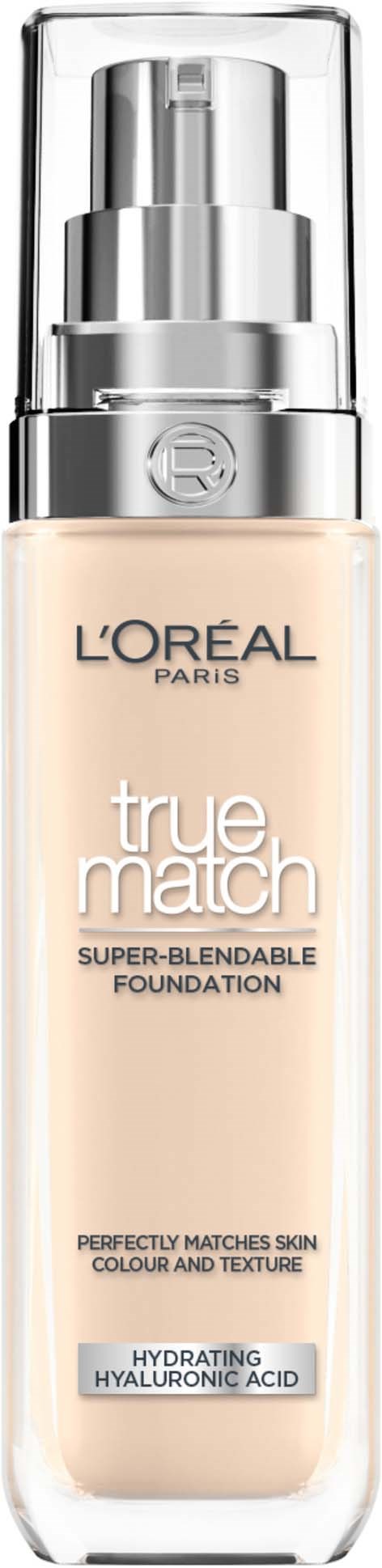 Eine Flasche L'Oreal True Match Foundation mit Pumppumpe, für Hautübereinstimmung und Hydratation.