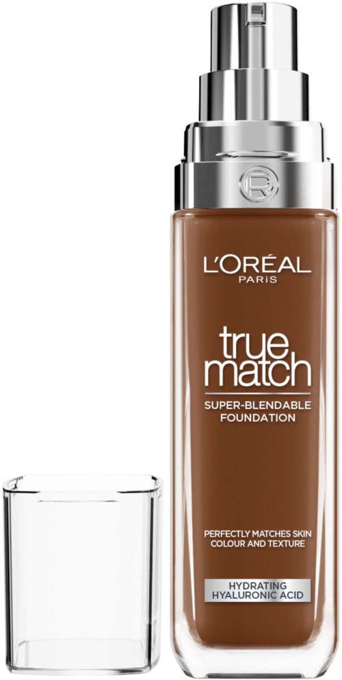 Eine Flasche L'Oréal True Match Foundation mit klarem Deckel und einem separaten kleinen Glas.