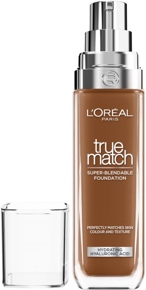Eine Flasche L'Oréal True Match Foundation, mit klarem Deckel und Etikett, das Hydratation und Hautabgleich beschreibt.