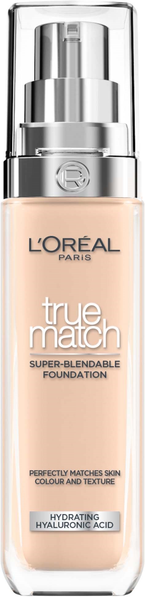 L'Oreal True Match Foundationflasche mit Pumpe, beige Farbe, Text mit Produkteinformationen, klare Kunststoffflasche.