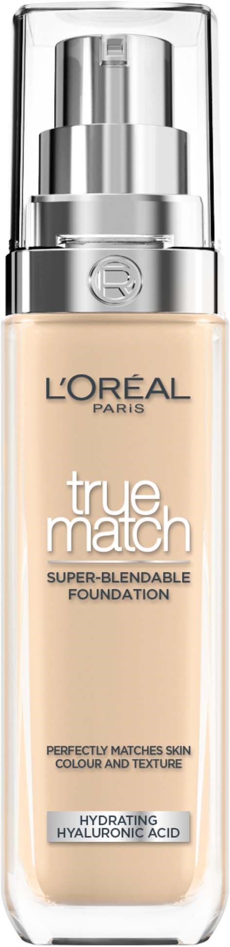 L'Oréal True Match Foundationflasche, helblassfarve, mit silberner Pumpe, behauptet, den Hautton zu treffen und zu hydratisieren.