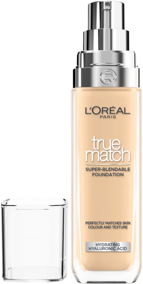 Eine Flasche L'Oreal True Match Foundation mit durchsichtigem Behälter und silberner Pumpe, mit transparentem Deckel.
