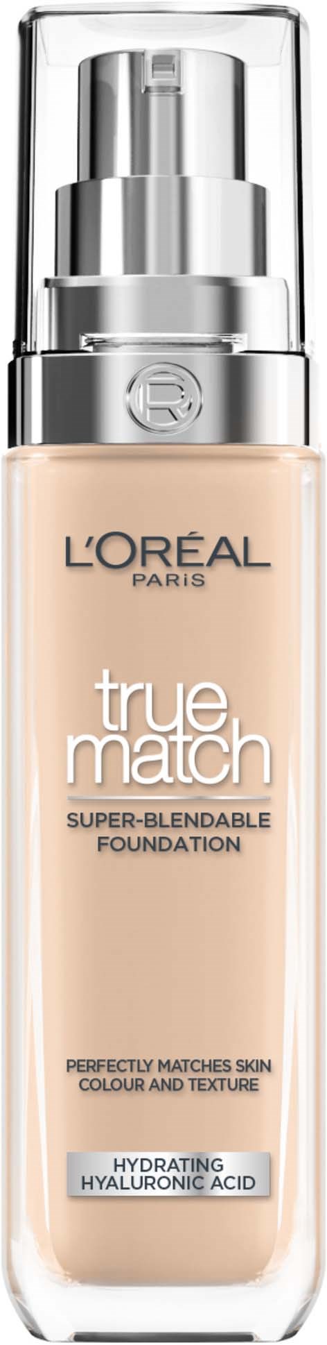 L'Oréal true match Foundationflasche mit Pumpe, Kennzeichnung mit hydratisierendem Hyaluronsäure, perfektioniert Hautfarbe und Textur.