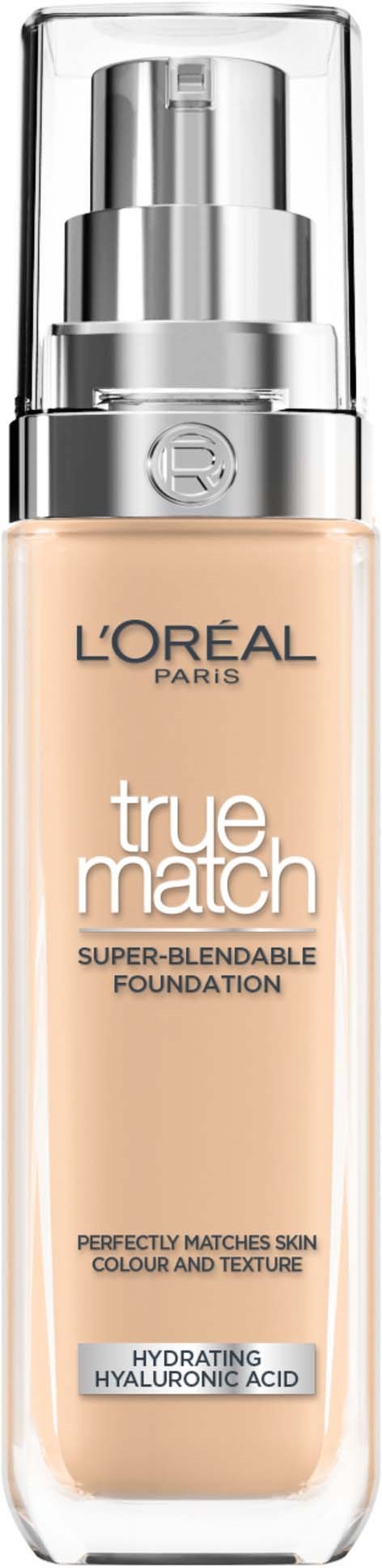 Eine wiederauffüllbare Foundation-Flasche mit Pumpe und Silberhülse, beschriftet 'L'Oreal True Match' für die Haut.