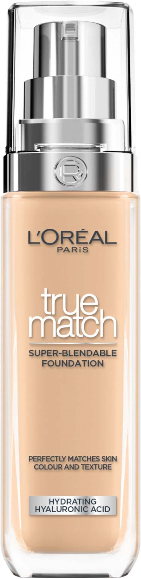 L'Oréal True Match Foundation in Glasflasche mit silberner Pumpe, gekennzeichnet als feuchtigkeitsspendend mit Hyaluronsäure.