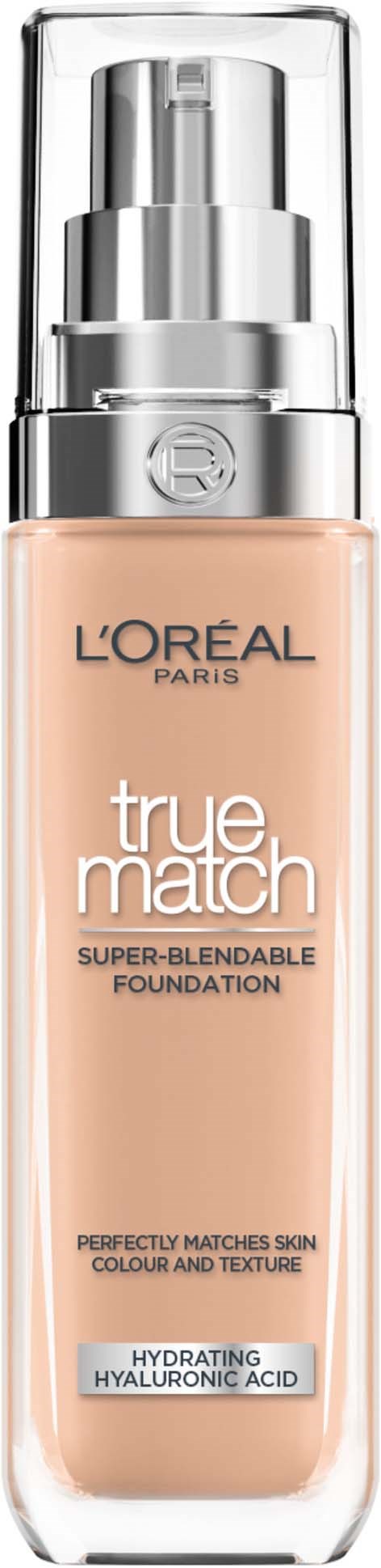 Flasche mit L'Oréal True Match Foundation mit Pumpe, beige Farbe, klarer Deckel.