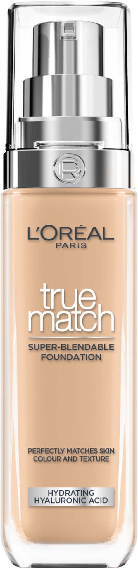 L'Oréal Paris True Match Foundation-Flasche mit Pumpe, beiger Farbton, und klarer Deckel.