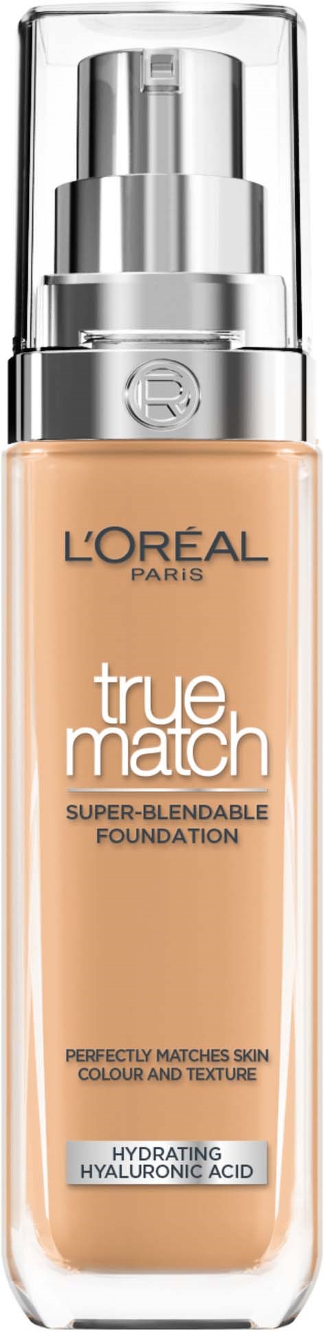L'Oréal True Match Foundation in einer klaren Pumpflasche mit silberner Spitze, gekennzeichnet für Hydratation und Vermischung.