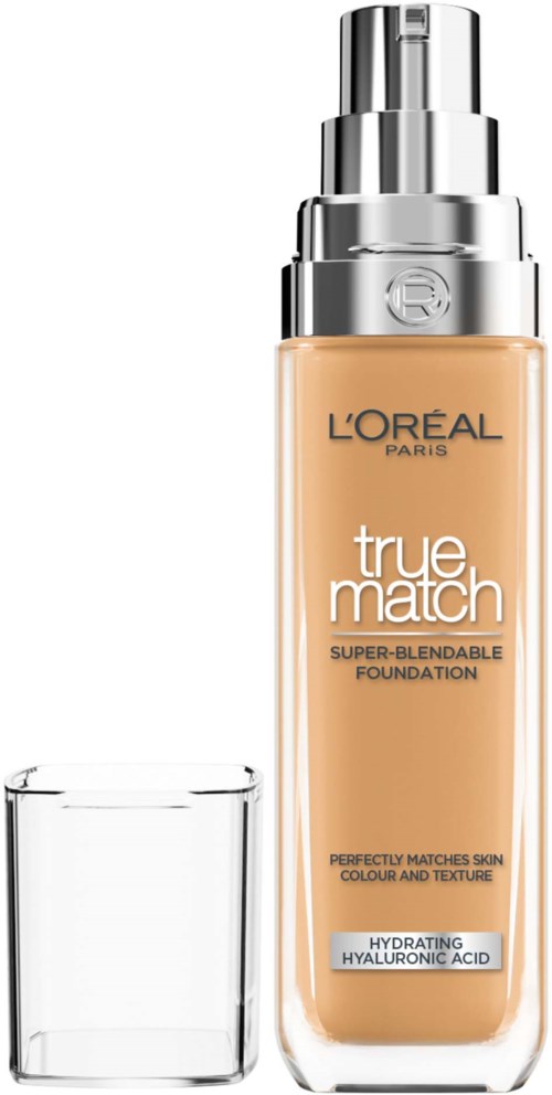 Eine Flasche L'Oréal True Match Foundation mit durchsichtigem Deckel, beige Farbe.