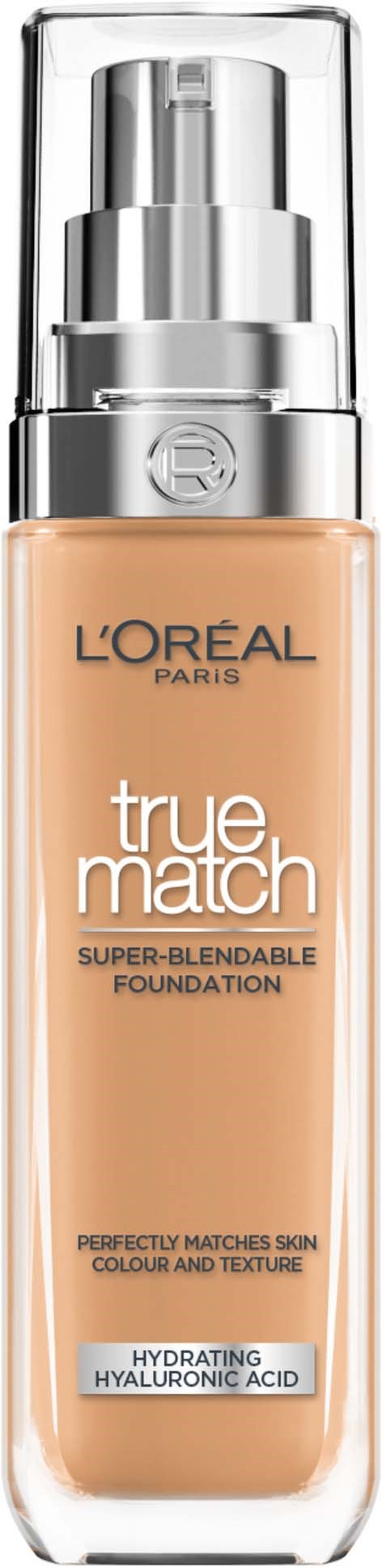 Eine Foundationflasche von L'Oréal Paris mit Pumpe, beschriftet 'True Match' und 'Hydrating Hyaluronic Acid.'
