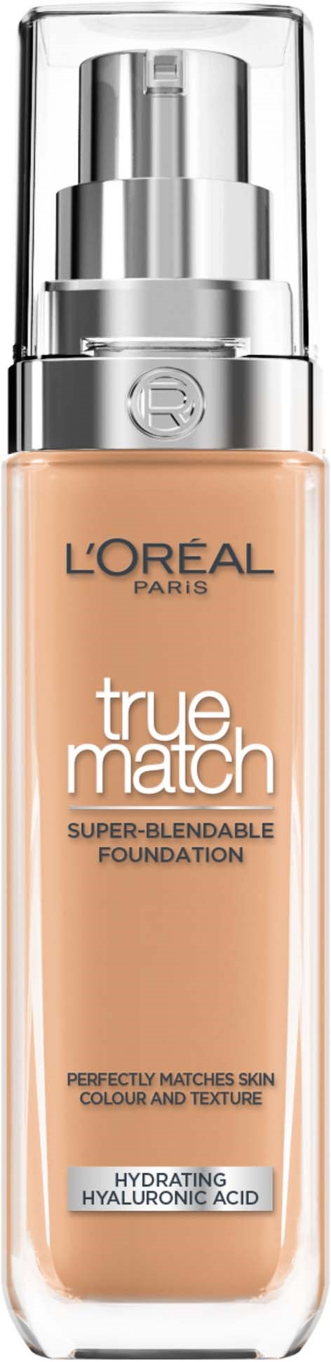 L'Oréal True Match Foundation-Flasche mit Pump und klarer Kappe. Fördert Feuchtigkeit und passt den Hautton an.