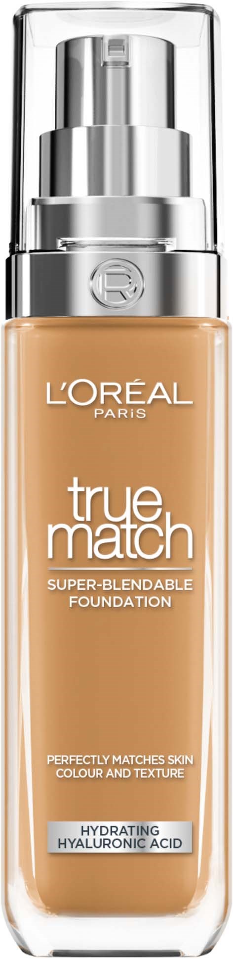 L'Oréal true match Foundationflasche, hellbeige, mit silberner Pumpe und klarem Deckel.