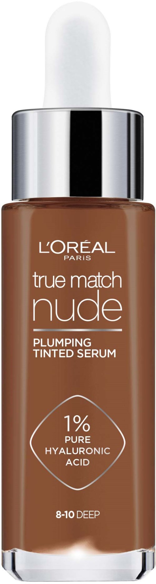 En brun flaska av L'Oreal True Match Nude tonad serum med dropphatt. Den innehåller 1% hyaluronsyra.