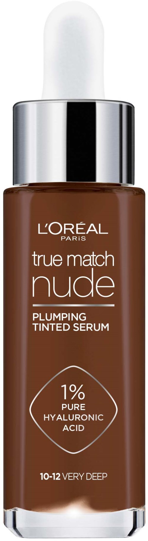 Flaska med brunt serum med vit dropperlock, märkt L'Oréal True Match Nude fyllande täckt serum, 1% hyaluronsyra.