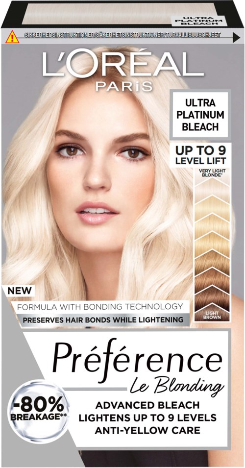 L'Oreal Preference haarkleuring doos toont een blond meisje met licht haar. Kenmerken zijn bleken tot 9 niveaus, anti-geelzorg en bonding-technologie.