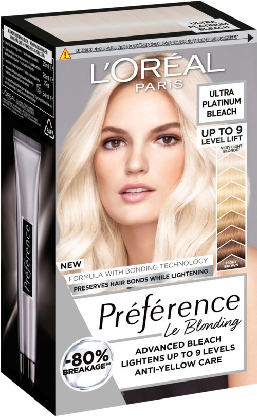 Verpakking voor haarbleekmiddel toont een vrouw met lang, blond haar, L'Oréal-logo, productnaam en belangrijke kenmerken.