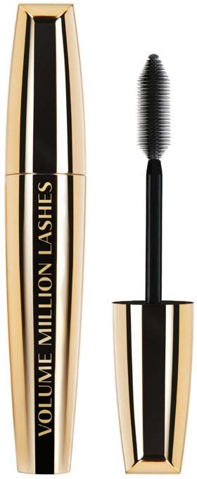 A gold mascara tube with black and white stripes, with the wand next to it. The text reads 'VOLUME MILLION LASHES'.