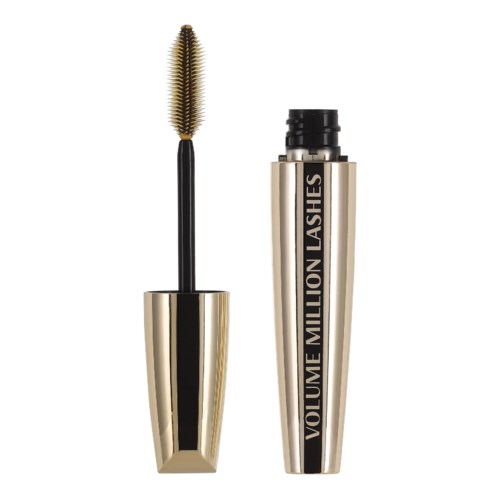 En mascara som är öppen med borsten synlig, design i guld och svart med texten 'VOLUME MILLION LASHES'.