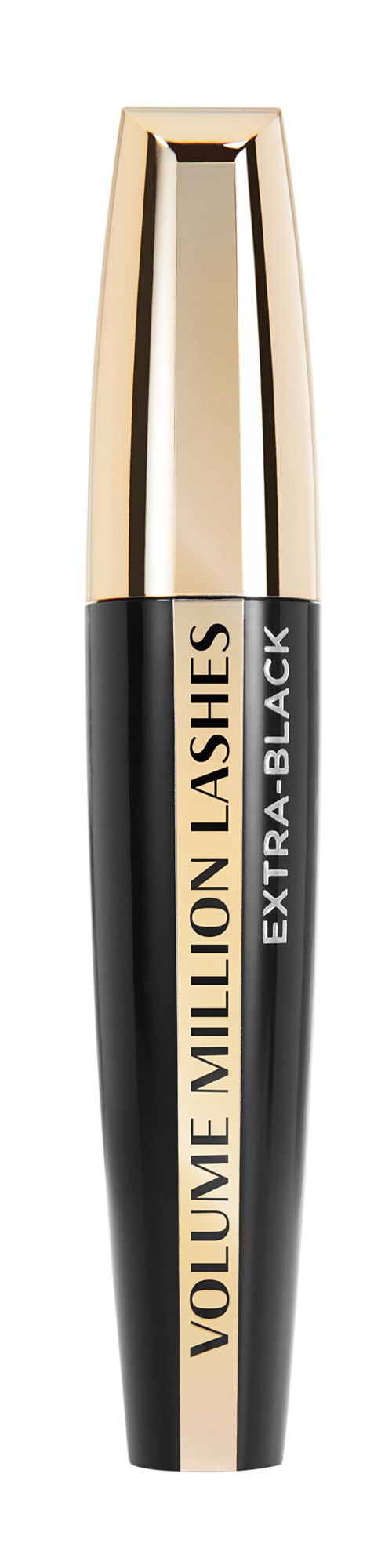 Een mascara-buis met een goud en zwart ontwerp, gelabeld 'Volume Million Lashes Extra Black'.