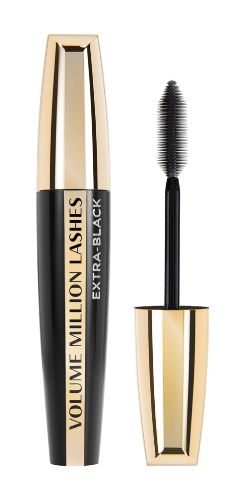 Een mascara huls met goud en zwart kleuren, toont de borstel en het productlabel.