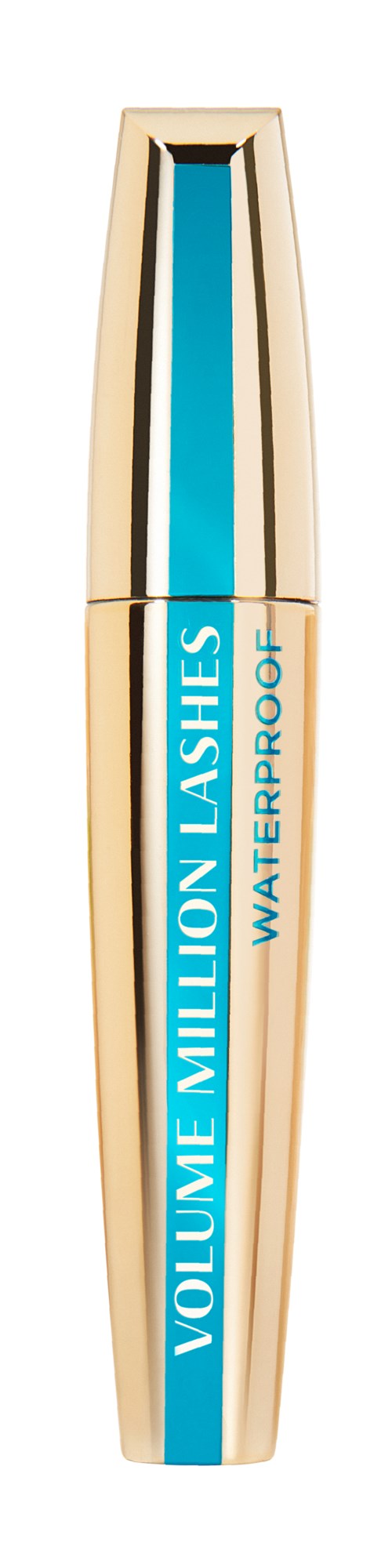 Gold and blue mascara tube labeled 'Volume Million Lashes Waterproof' against a black background.