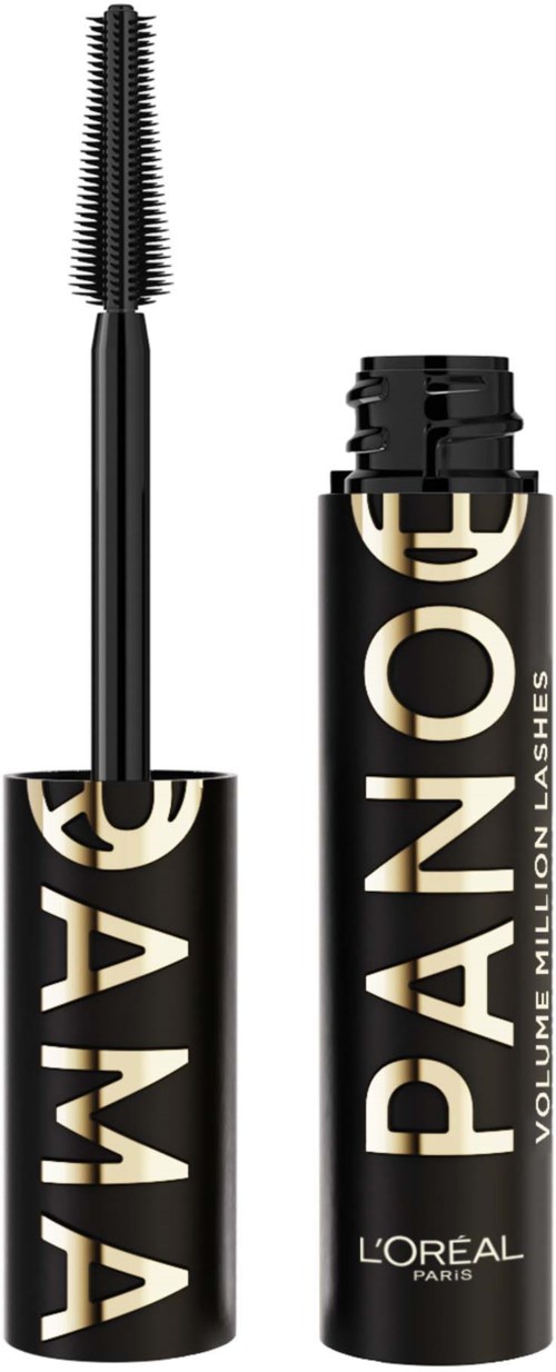En mascaratub med wand bredvid, märkt 'L'Oreal Paris Volume Million Lashes' i svart och guld.