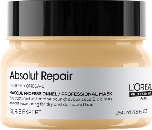 Een pot L'Oréal Absolut Repair haarmasker voor droog, beschadigd haar, 250 ml, met zwarte deksel.