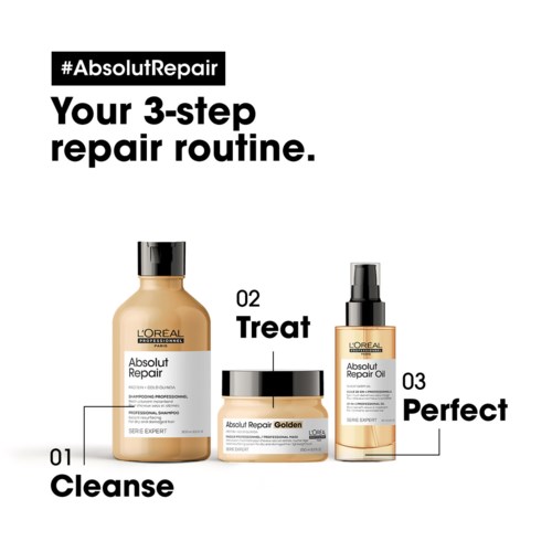 Driestappen haarreparatie routine met reinigings-, behandel- en perfectieproducten van L'Oréal.