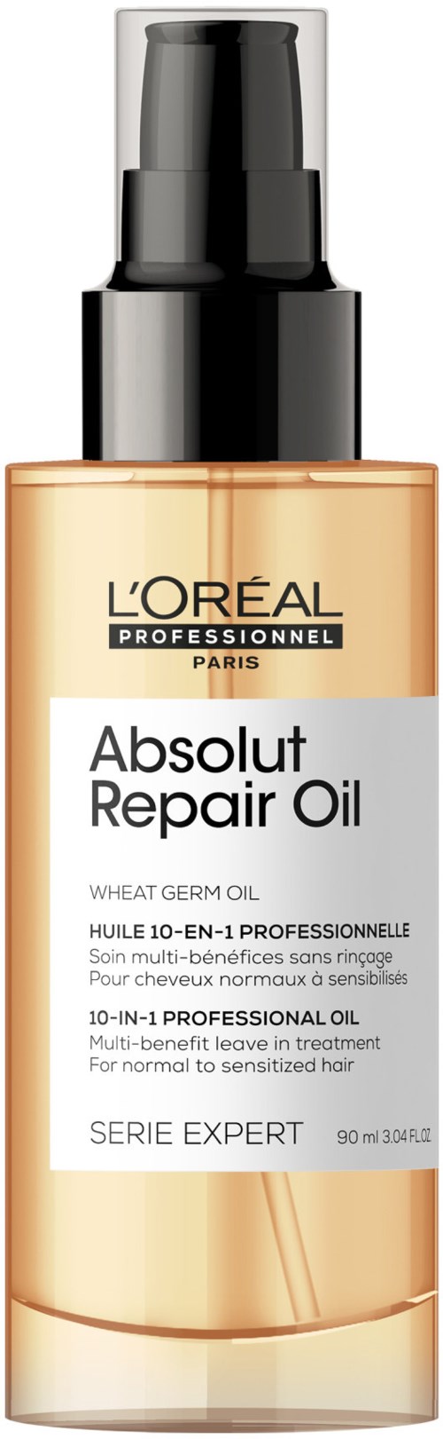 Een fles L'Oréal Absolut Repair Oil voor haar met een spuitdop.