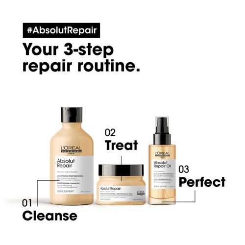 Three-step hair repair routine: Cleanse, Treat, Perfect with L'Oreal products.