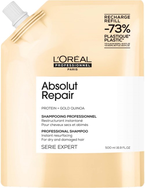 L'Oréal professional shampoo refill pouch with 73% recycled plastic, designed for dry and damaged hair, 500 ml.