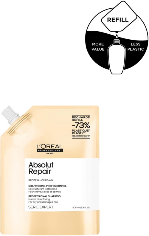 A refill pouch for shampoo shows 73% less plastic, with a diagram explaining refilling to save more value and plastic.