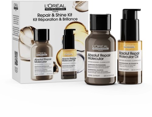 L'Oreal Repair & Shine Kit inkluderer tre flasker med hårreparasjonsprodukter merket som molekylær reparasjon og olje.