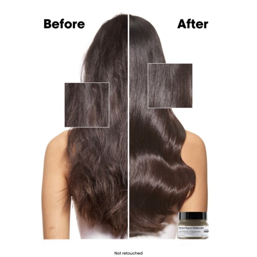 A woman’s hair is shown before and after applying a hair treatment, looking smoother and shinier after.